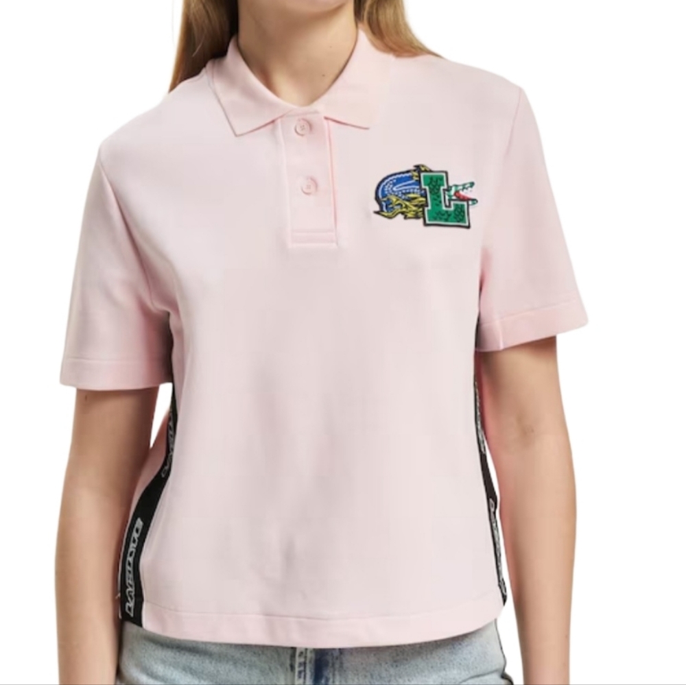 LACOSTE $155 Cotton Pink Logo Appliqué Comic Badge Polo Shirt Regular Fit NWT